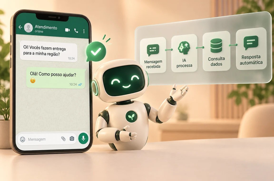 Ilustração: robô atendendo no WhatsApp conectado a um fluxo de automação com IA e banco de dados.