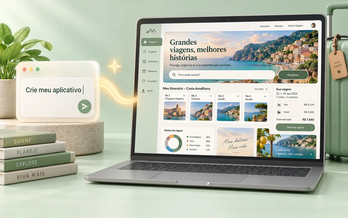 Ilustração: um prompt se transforma em uma aplicação web de viagens.