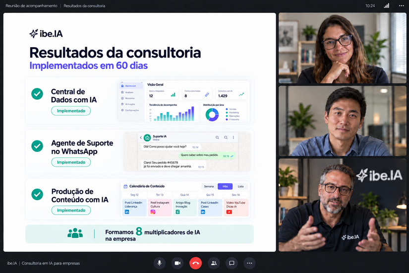 Simulação de consultoria online com apresentação de projetos e participantes da empresa e do ibe.IA.