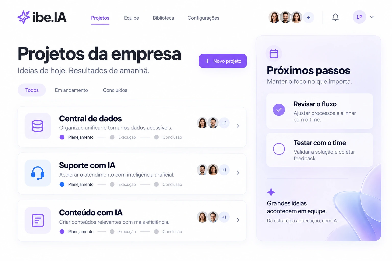 Interface ilustrativa do ibe.IA com projetos da empresa e próximos passos