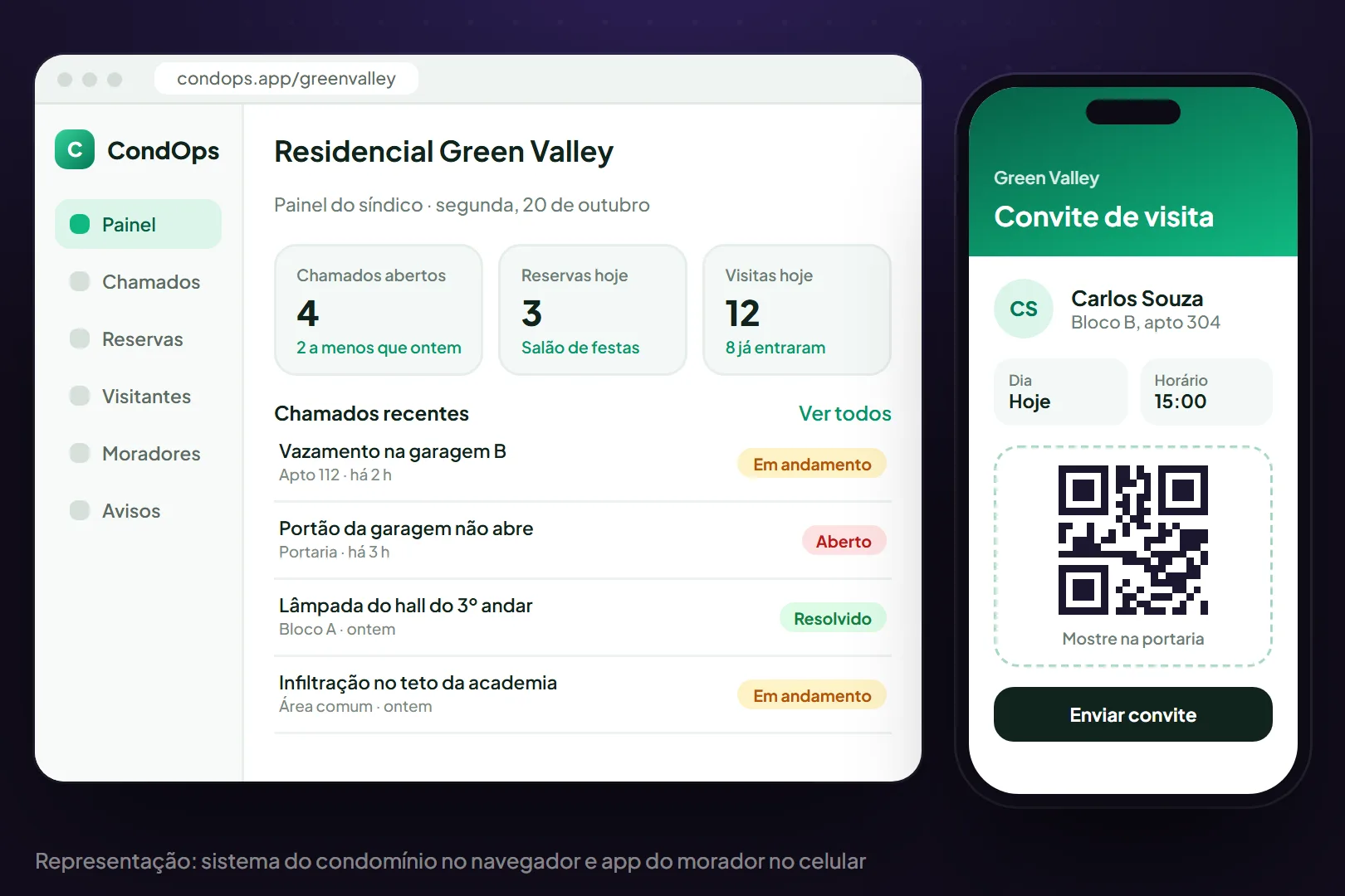 Sistema de condomínio no navegador e convite de visita no celular do morador