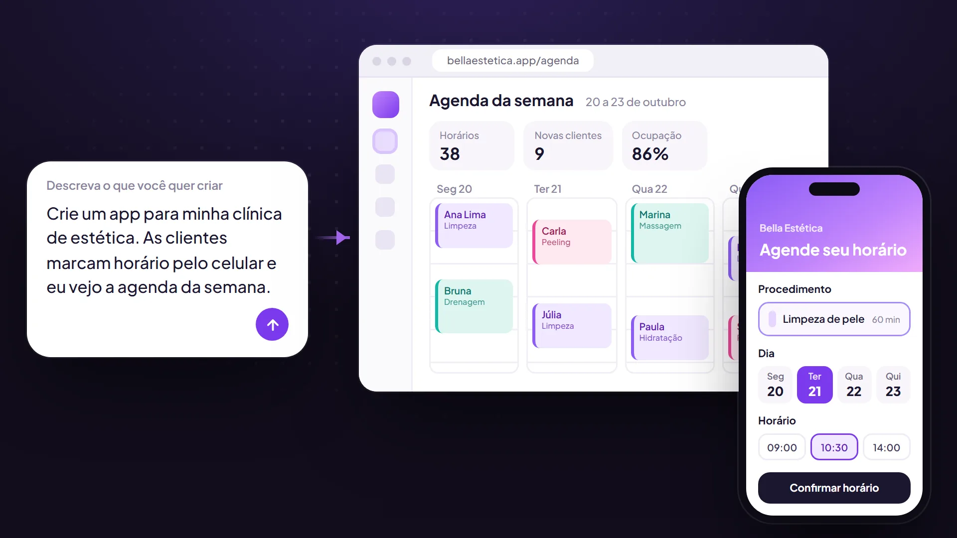 Pedido simples em português ao lado do app de agendamento que ele virou, no navegador e no celular