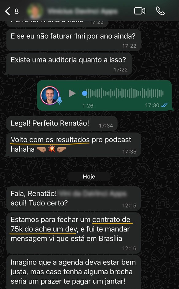 Depoimento de aluno em conversa de WhatsApp