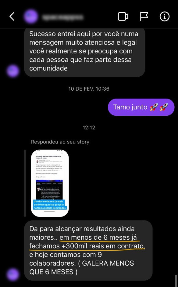Depoimento de aluno em conversa de WhatsApp