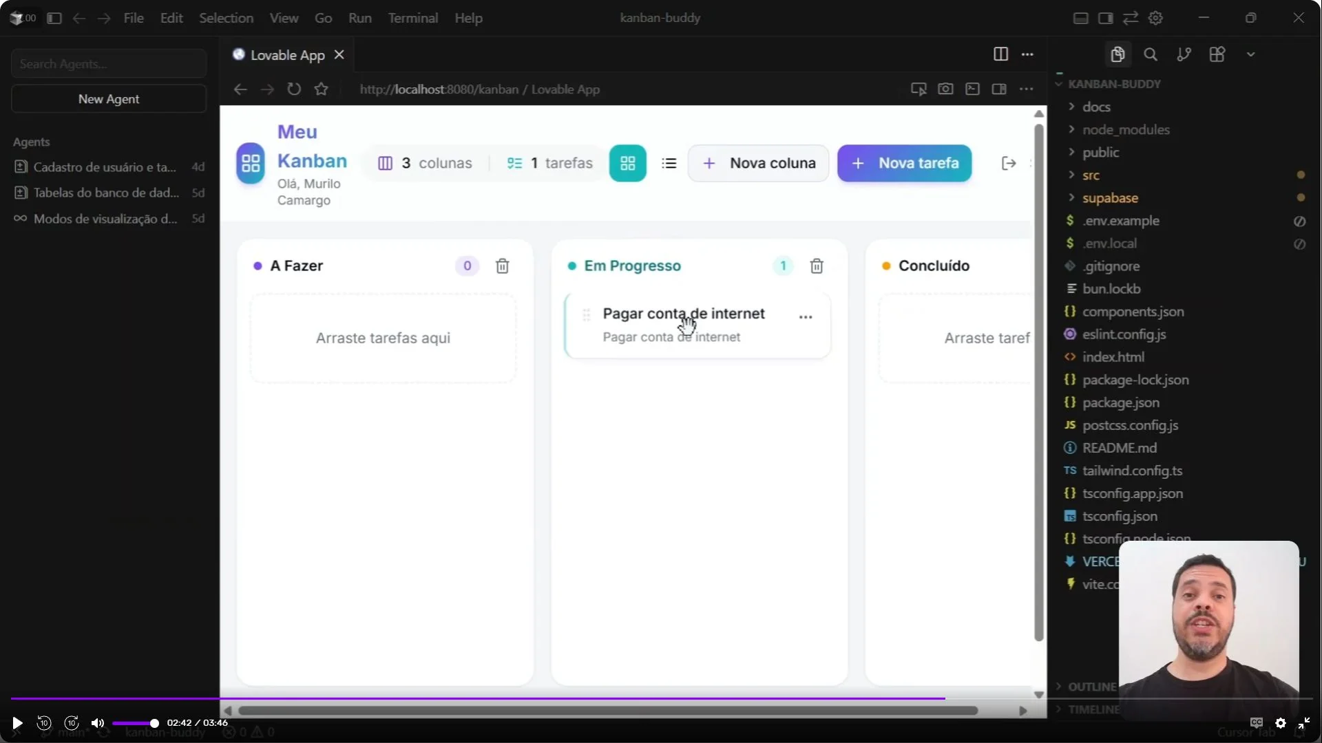 Cursor IDE com kanban de tarefas e agentes ativos