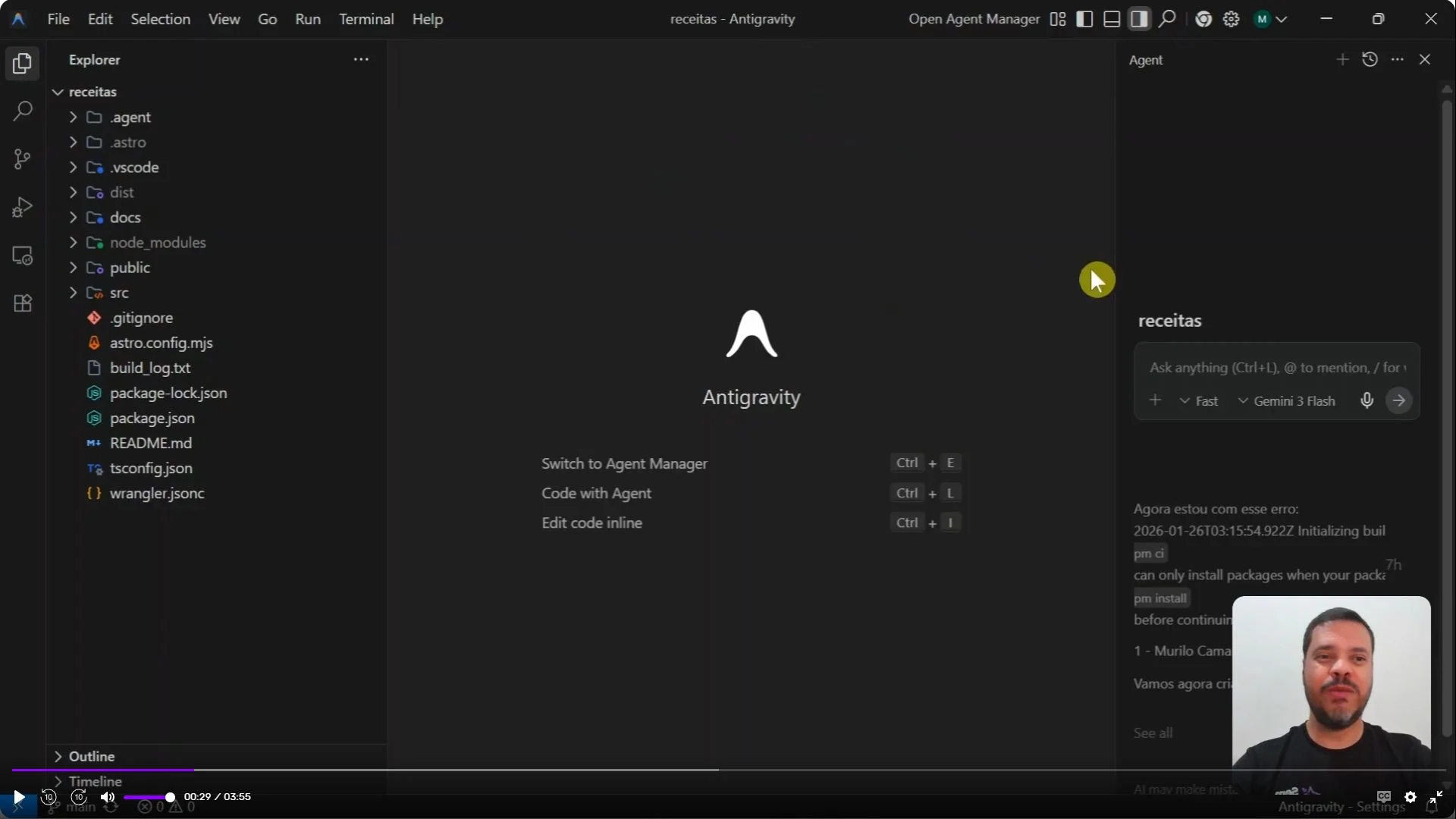 Painel do Google Antigravity criando um projeto novo